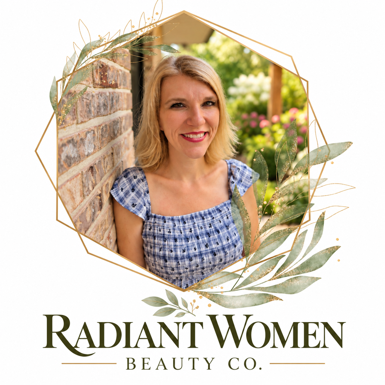 Radiant Women Beauty Co. portrait framed with gold and sage botanicals